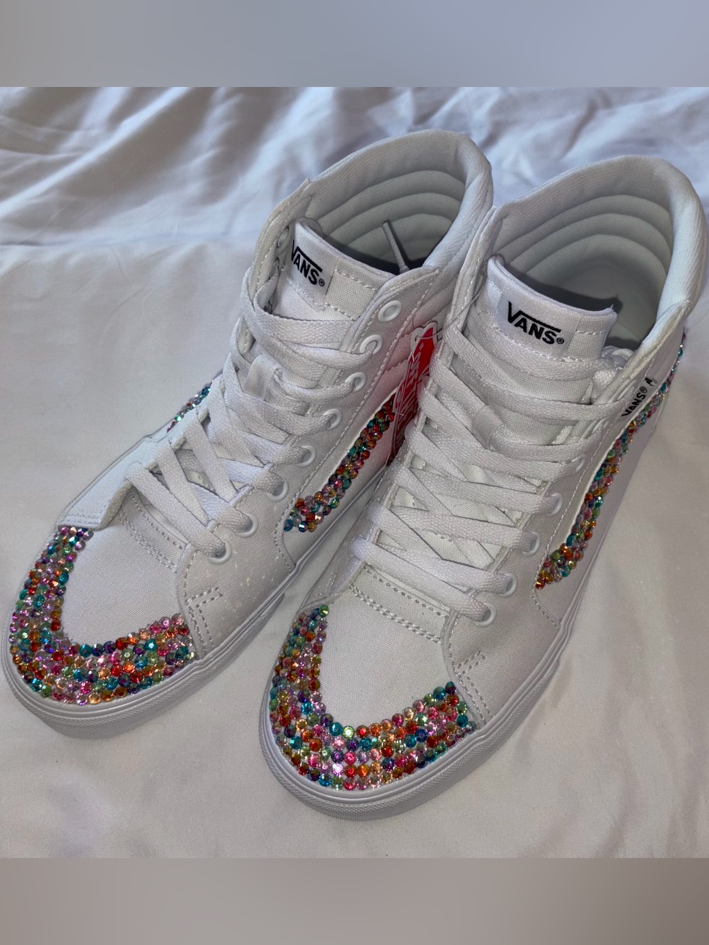 NWT CUSTOM- Vans White High-Top Sneakers with Multicolored Rhinestones